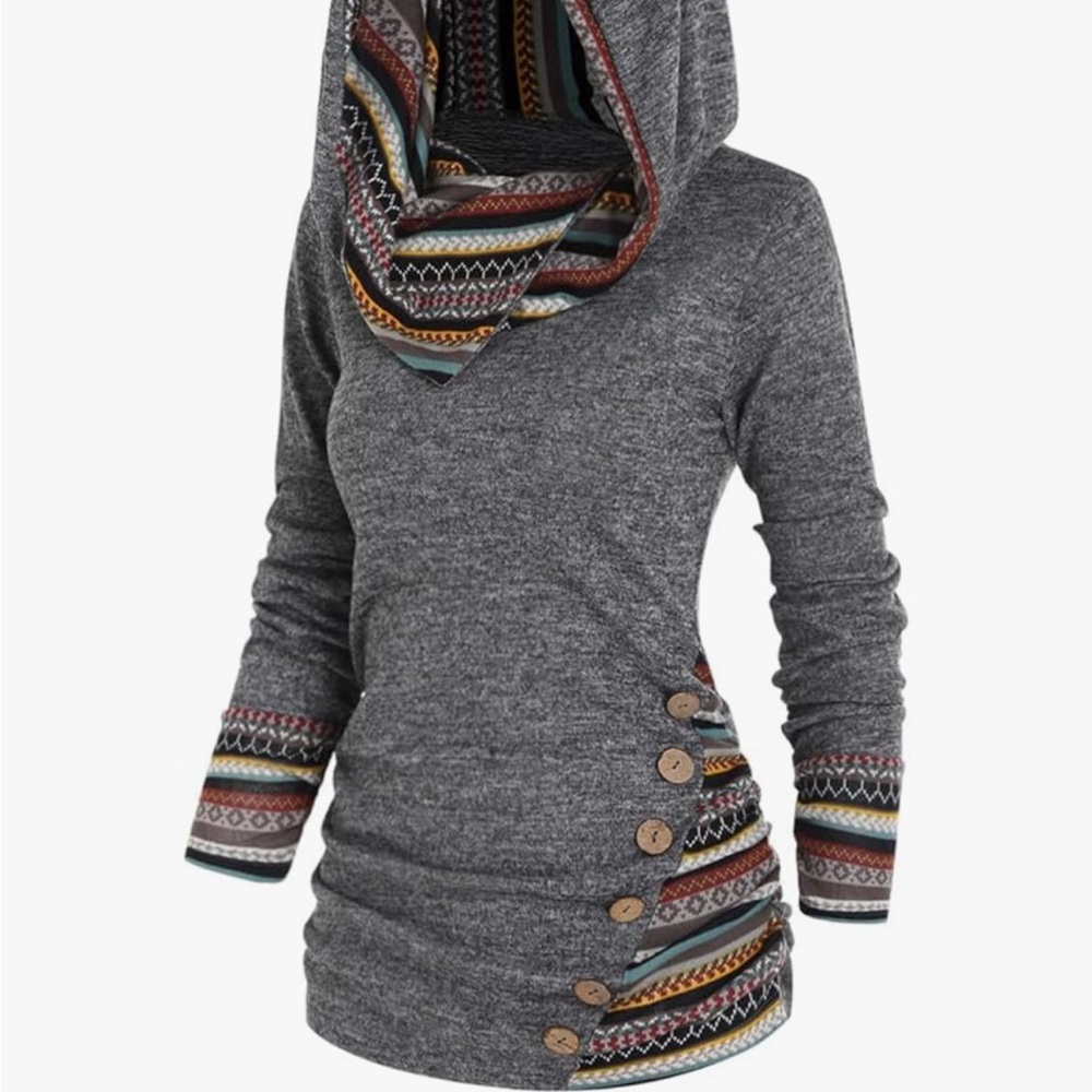 Tribal Aztec Stripe Hoodie Pullover Sweatshirt Hooded Knit Top Buttons Sz Medium